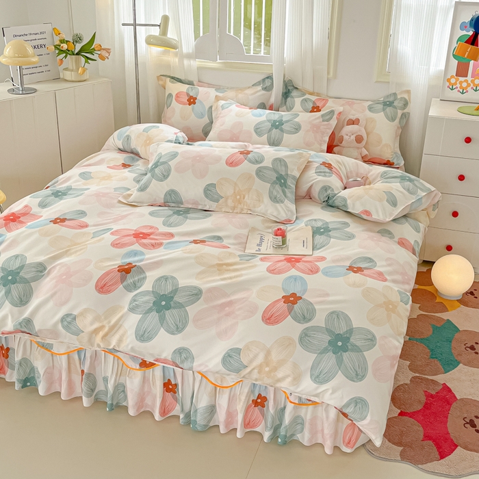 91家纺网 家纺一手货源 找家纺 笠裙家纺 2025新款A类水洗棉韩版S边花边印花床裙四件套 多彩生活