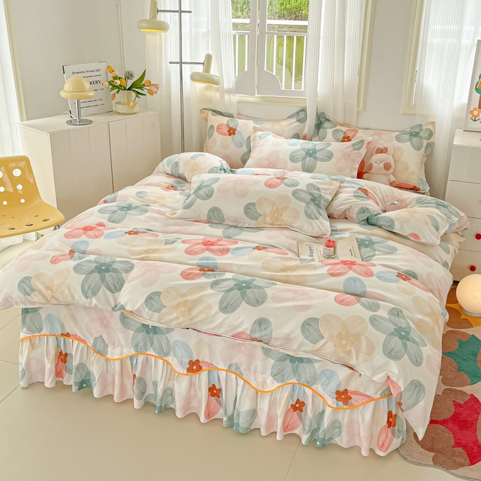 91家纺网 家纺一手货源 找家纺 笠裙家纺 2025新款A类水洗棉韩版S边花边印花床裙四件套 多彩生活