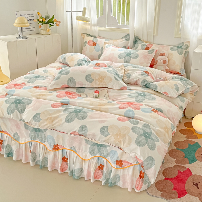 91家纺网 家纺一手货源 找家纺 笠裙家纺 2025新款A类水洗棉韩版S边花边印花床裙四件套 多彩生活