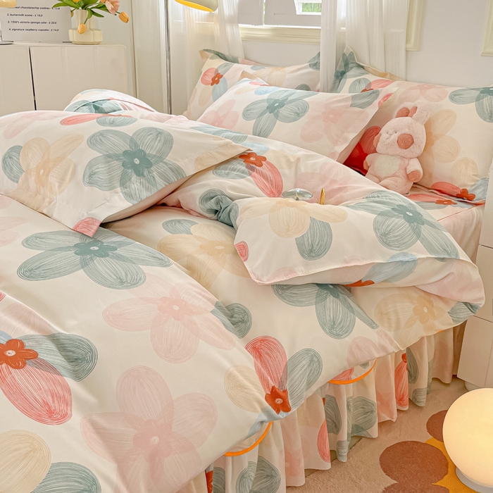 91家纺网 家纺一手货源 找家纺 笠裙家纺 2025新款A类水洗棉韩版S边花边印花床裙四件套 多彩生活