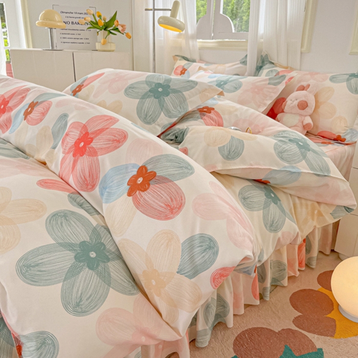 91家纺网 家纺一手货源 找家纺 笠裙家纺 2025新款A类水洗棉韩版S边花边印花床裙四件套 多彩生活