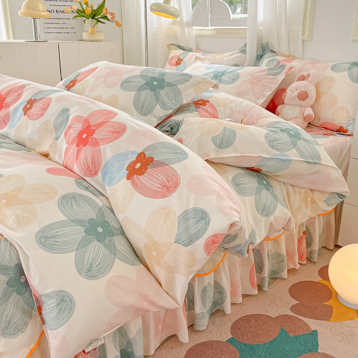 91家纺网 家纺一手货源 找家纺 笠裙家纺 2025新款A类水洗棉韩版S边花边印花床裙四件套 多彩生活