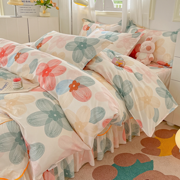 91家纺网 家纺一手货源 找家纺 笠裙家纺 2025新款A类水洗棉韩版S边花边印花床裙四件套 多彩生活