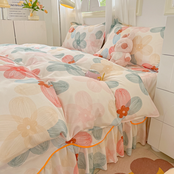 91家纺网 家纺一手货源 找家纺 笠裙家纺 2025新款A类水洗棉韩版S边花边印花床裙四件套 多彩生活