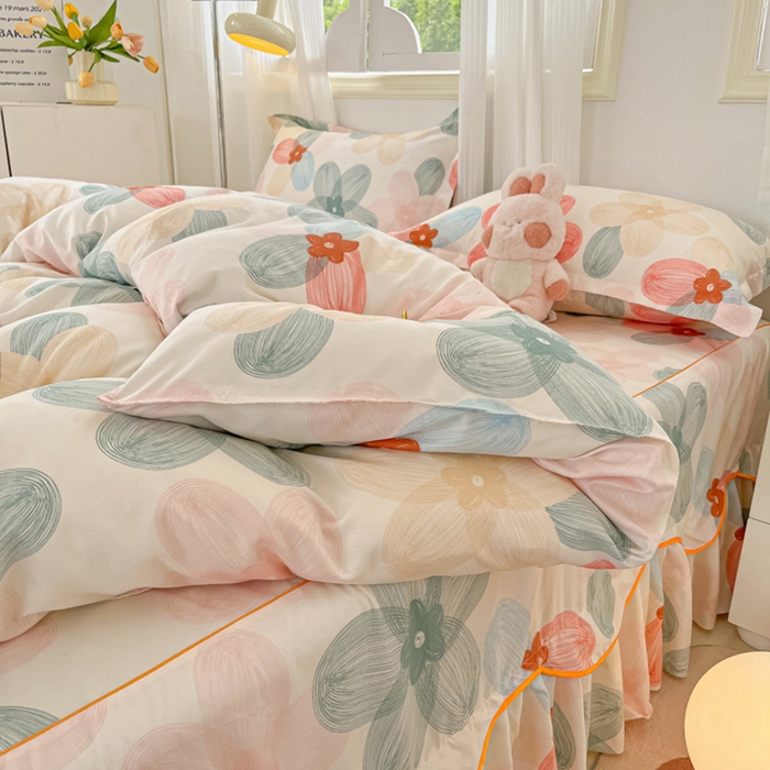 91家纺网 家纺一手货源 找家纺 笠裙家纺 2025新款A类水洗棉韩版S边花边印花床裙四件套 多彩生活