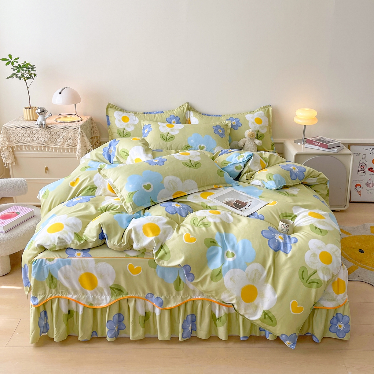 91家纺网 家纺一手货源 找家纺 笠裙家纺 2025新款A类水洗棉韩版S边花边印花床裙四件套 花爱