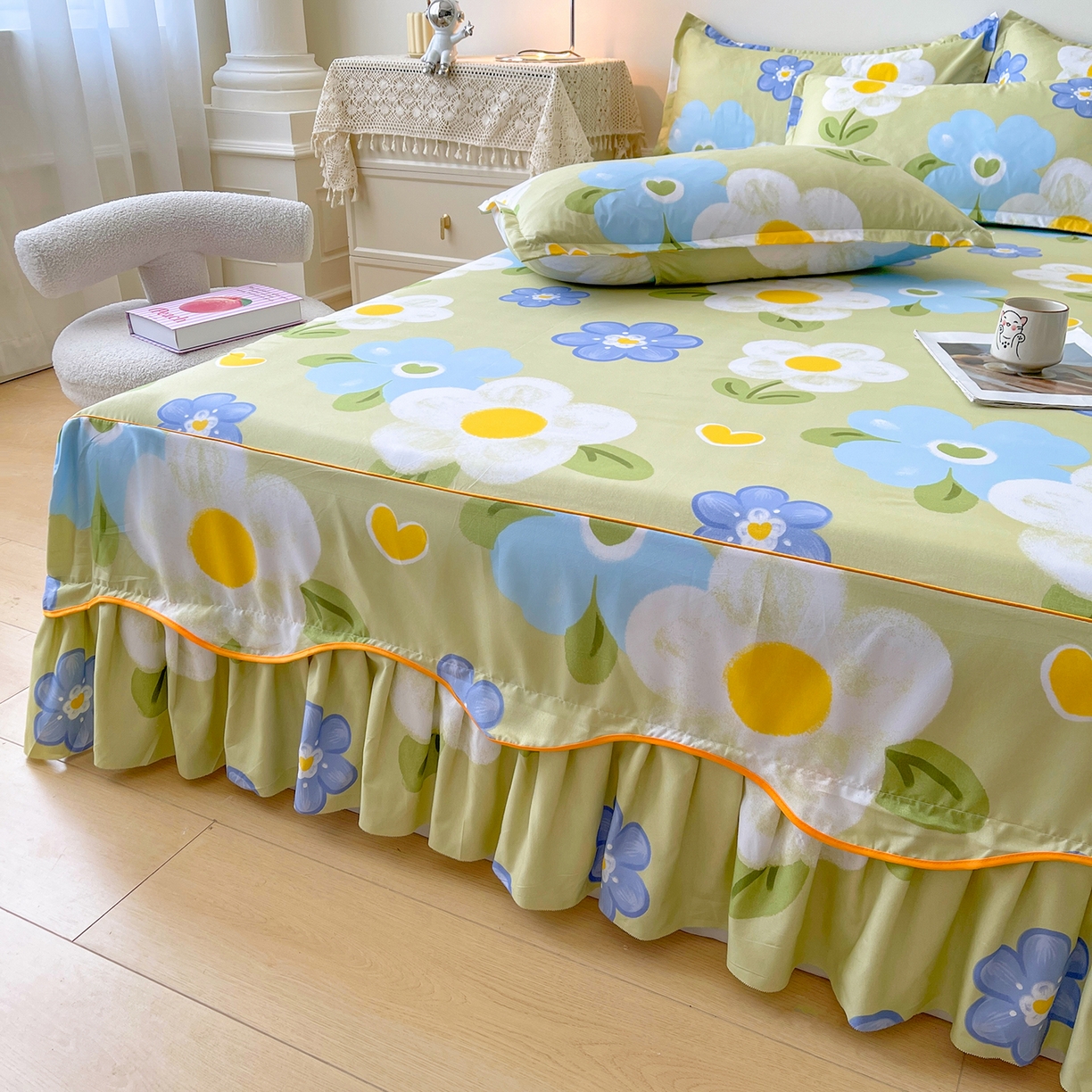 91家纺网 家纺一手货源 找家纺 笠裙家纺 2025新款A类水洗棉韩版S边花边印花床裙四件套 花爱