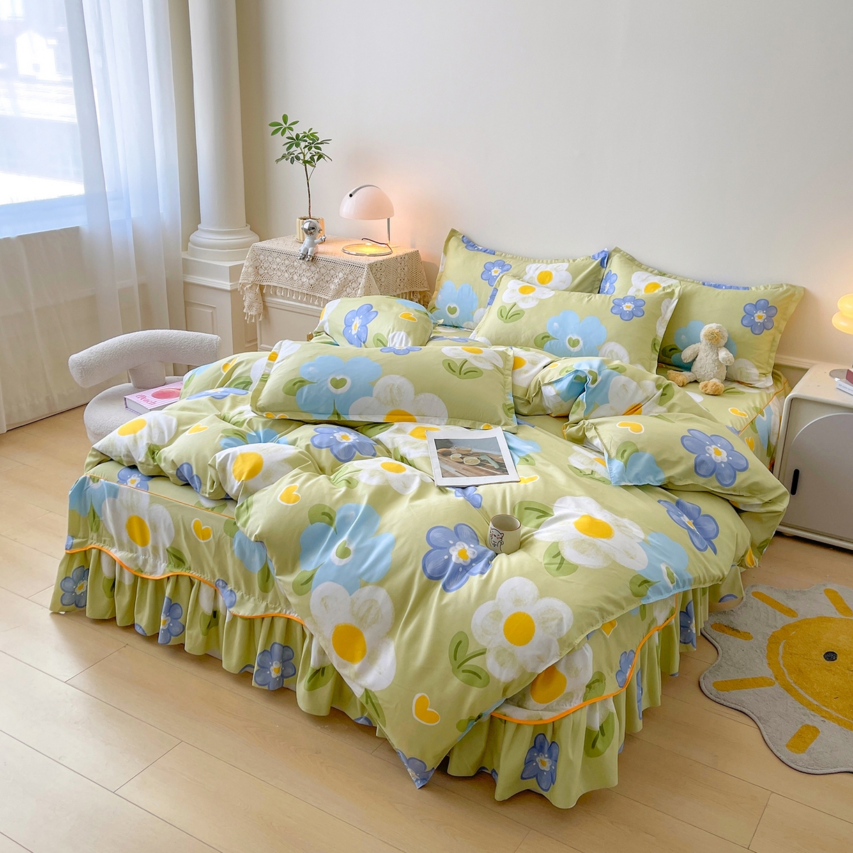 91家纺网 家纺一手货源 找家纺 笠裙家纺 2025新款A类水洗棉韩版S边花边印花床裙四件套 花爱