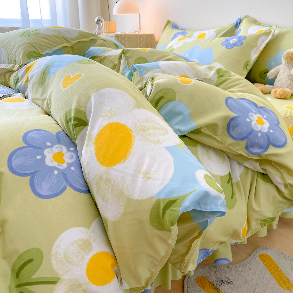 91家纺网 家纺一手货源 找家纺 笠裙家纺 2025新款A类水洗棉韩版S边花边印花床裙四件套 花爱