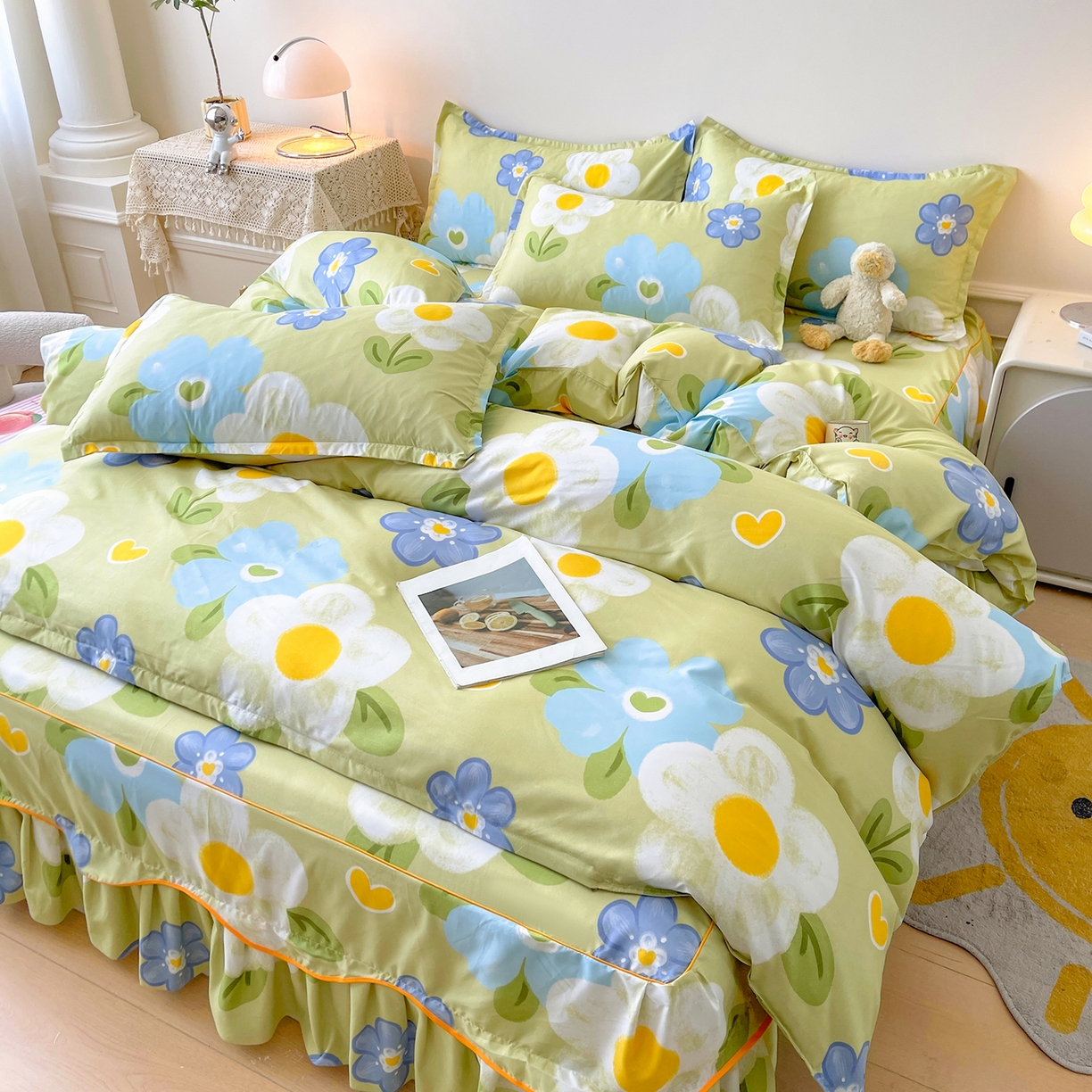 91家纺网 家纺一手货源 找家纺 笠裙家纺 2025新款A类水洗棉韩版S边花边印花床裙四件套 花爱