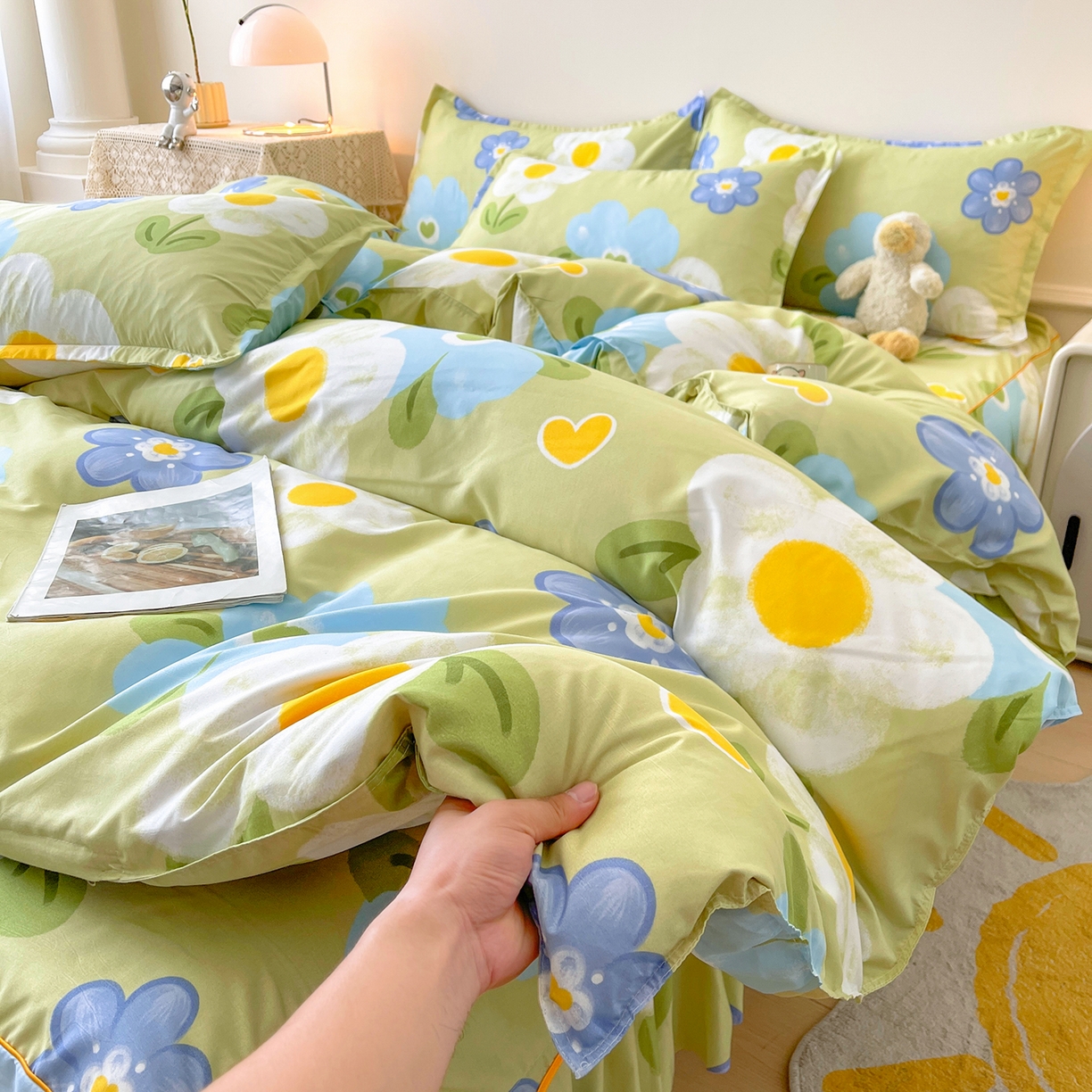 91家纺网 家纺一手货源 找家纺 笠裙家纺 2025新款A类水洗棉韩版S边花边印花床裙四件套 花爱