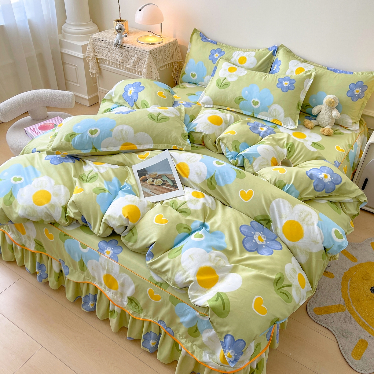 91家纺网 家纺一手货源 找家纺 笠裙家纺 2025新款A类水洗棉韩版S边花边印花床裙四件套 花爱