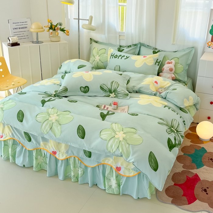 91家纺网 家纺一手货源 找家纺 笠裙家纺 2025新款A类水洗棉韩版S边花边印花床裙四件套 花样