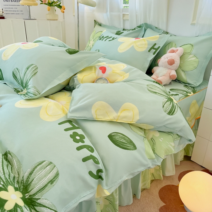 91家纺网 家纺一手货源 找家纺 笠裙家纺 2025新款A类水洗棉韩版S边花边印花床裙四件套 花样