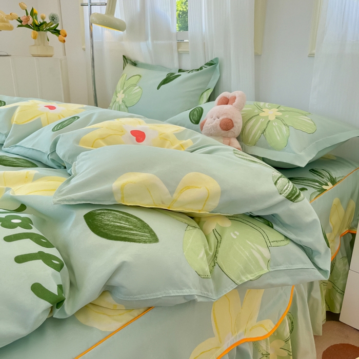 91家纺网 家纺一手货源 找家纺 笠裙家纺 2025新款A类水洗棉韩版S边花边印花床裙四件套 花样