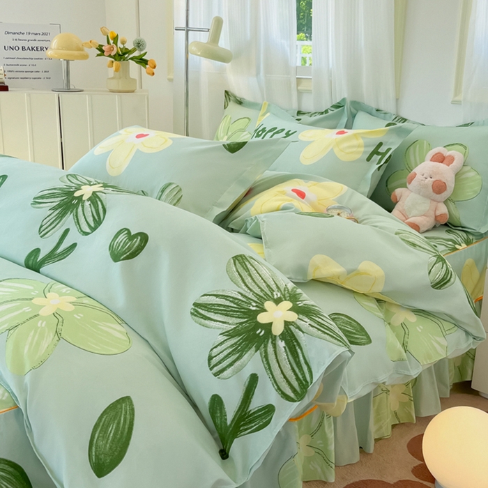 91家纺网 家纺一手货源 找家纺 笠裙家纺 2025新款A类水洗棉韩版S边花边印花床裙四件套 花样