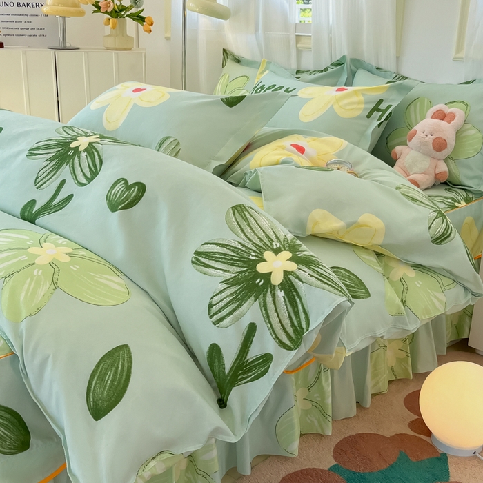 91家纺网 家纺一手货源 找家纺 笠裙家纺 2025新款A类水洗棉韩版S边花边印花床裙四件套 花样