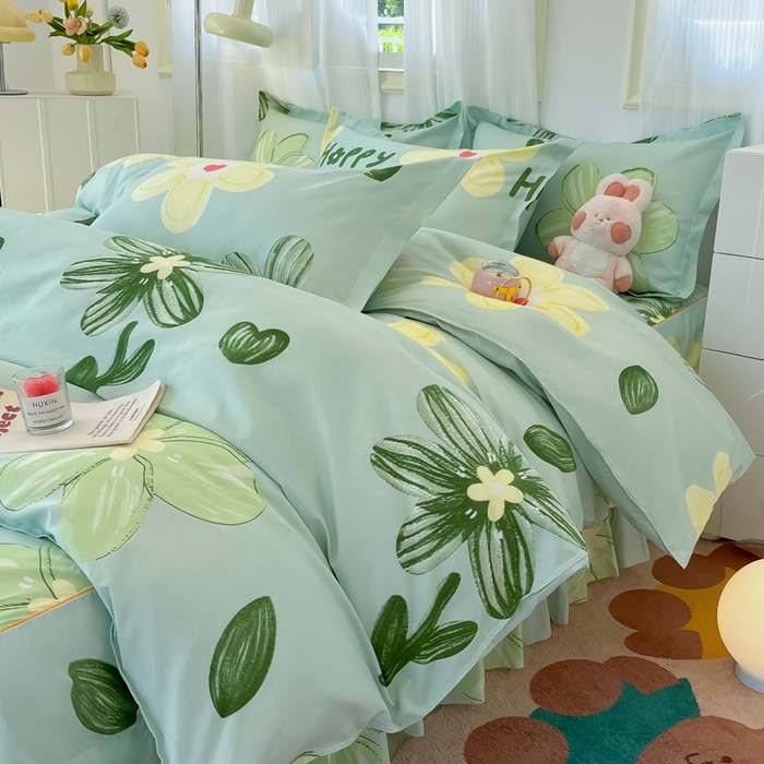 91家纺网 家纺一手货源 找家纺 笠裙家纺 2025新款A类水洗棉韩版S边花边印花床裙四件套 花样