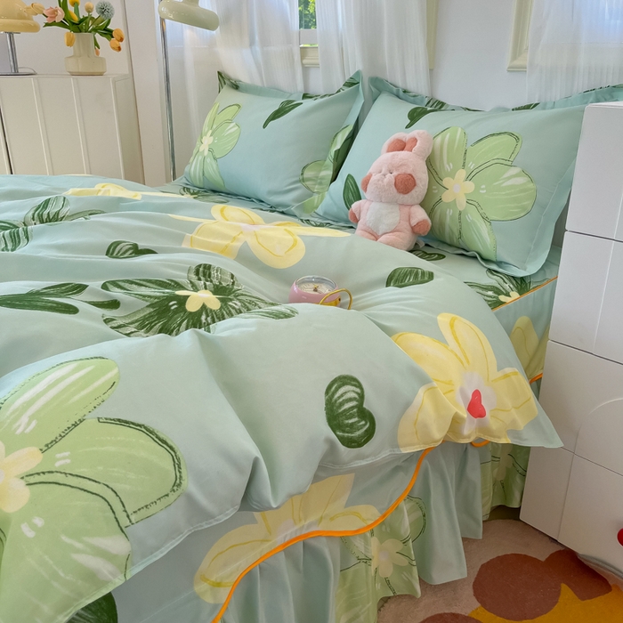 91家纺网 家纺一手货源 找家纺 笠裙家纺 2025新款A类水洗棉韩版S边花边印花床裙四件套 花样