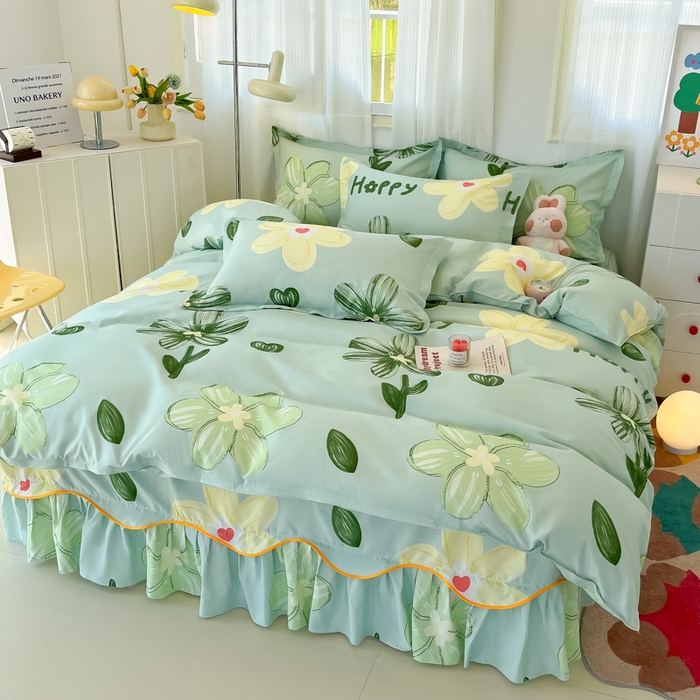 91家纺网 家纺一手货源 找家纺 笠裙家纺 2025新款A类水洗棉韩版S边花边印花床裙四件套 花样