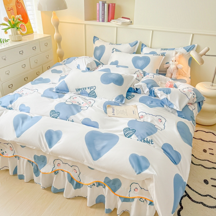 91家纺网 家纺一手货源 找家纺 笠裙家纺 2025新款A类水洗棉韩版S边花边印花床裙四件套 可爱