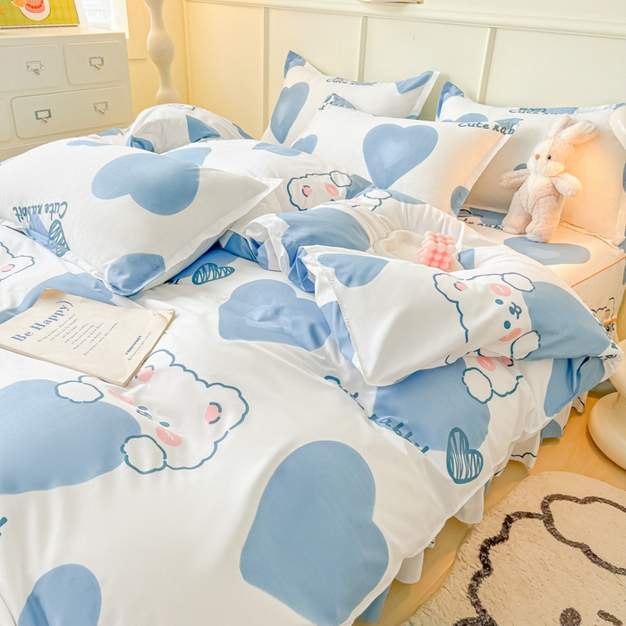 91家纺网 家纺一手货源 找家纺 笠裙家纺 2025新款A类水洗棉韩版S边花边印花床裙四件套 可爱