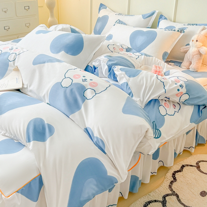 91家纺网 家纺一手货源 找家纺 笠裙家纺 2025新款A类水洗棉韩版S边花边印花床裙四件套 可爱