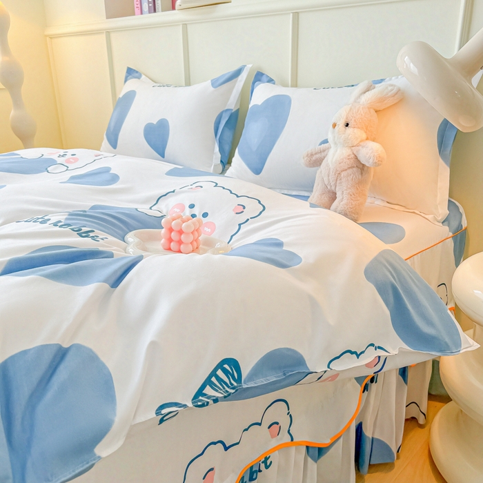 91家纺网 家纺一手货源 找家纺 笠裙家纺 2025新款A类水洗棉韩版S边花边印花床裙四件套 可爱