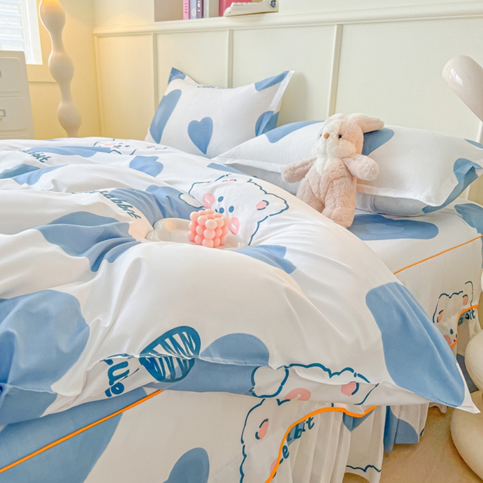 91家纺网 家纺一手货源 找家纺 笠裙家纺 2025新款A类水洗棉韩版S边花边印花床裙四件套 可爱