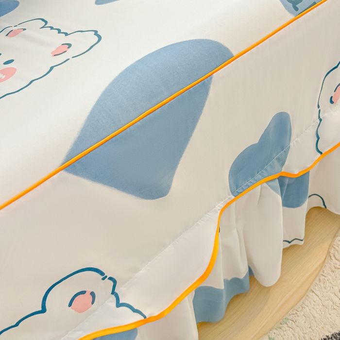 91家纺网 家纺一手货源 找家纺 笠裙家纺 2025新款A类水洗棉韩版S边花边印花床裙四件套 可爱