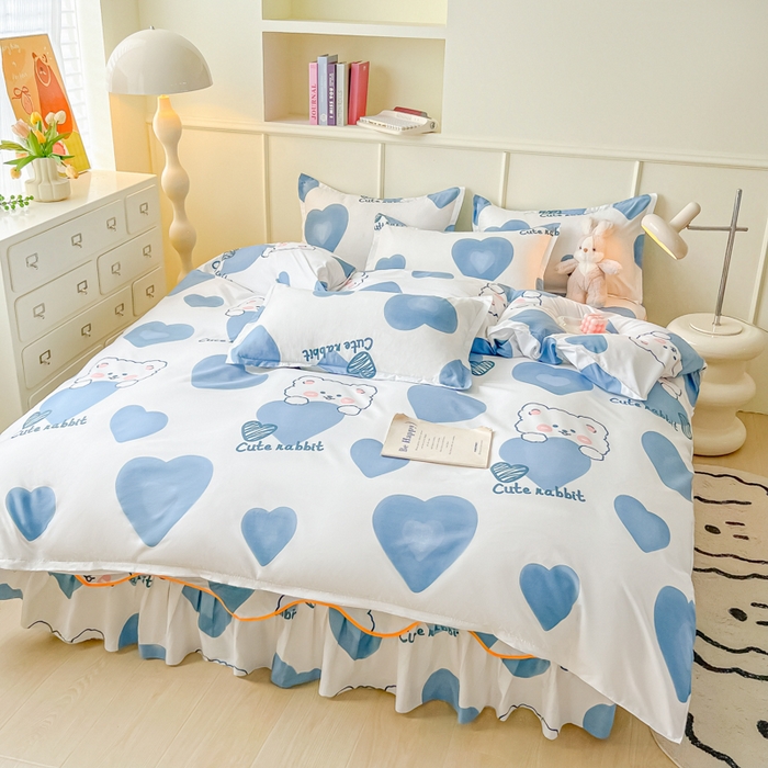 91家纺网 家纺一手货源 找家纺 笠裙家纺 2025新款A类水洗棉韩版S边花边印花床裙四件套 可爱