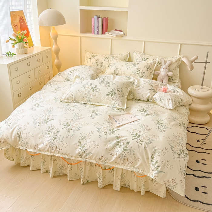 91家纺网 家纺一手货源 找家纺 笠裙家纺 2025新款A类水洗棉韩版S边花边印花床裙四件套 麦香