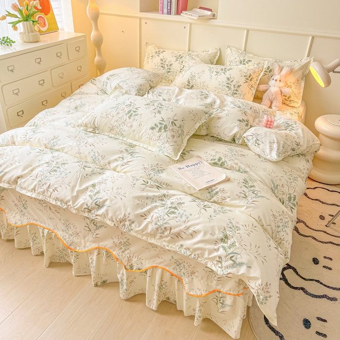 91家纺网 家纺一手货源 找家纺 笠裙家纺 2025新款A类水洗棉韩版S边花边印花床裙四件套 麦香