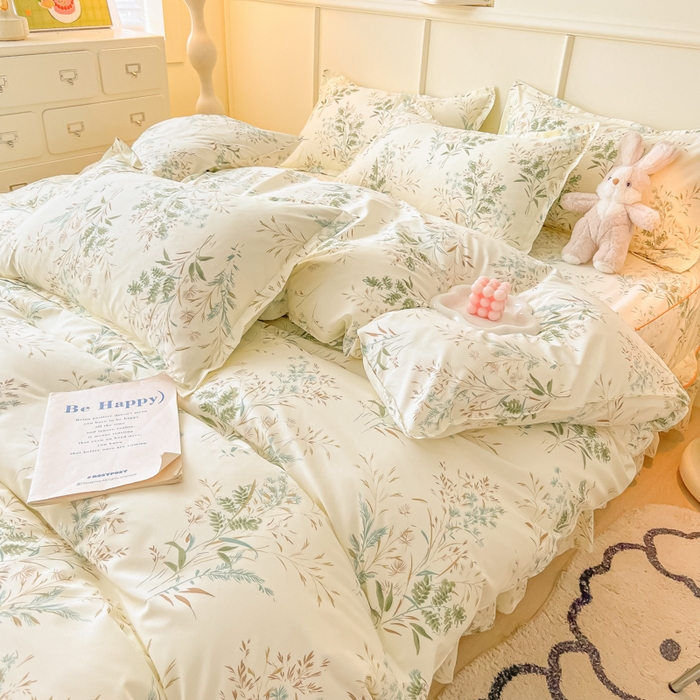 91家纺网 家纺一手货源 找家纺 笠裙家纺 2025新款A类水洗棉韩版S边花边印花床裙四件套 麦香