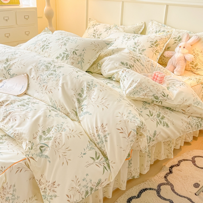 91家纺网 家纺一手货源 找家纺 笠裙家纺 2025新款A类水洗棉韩版S边花边印花床裙四件套 麦香