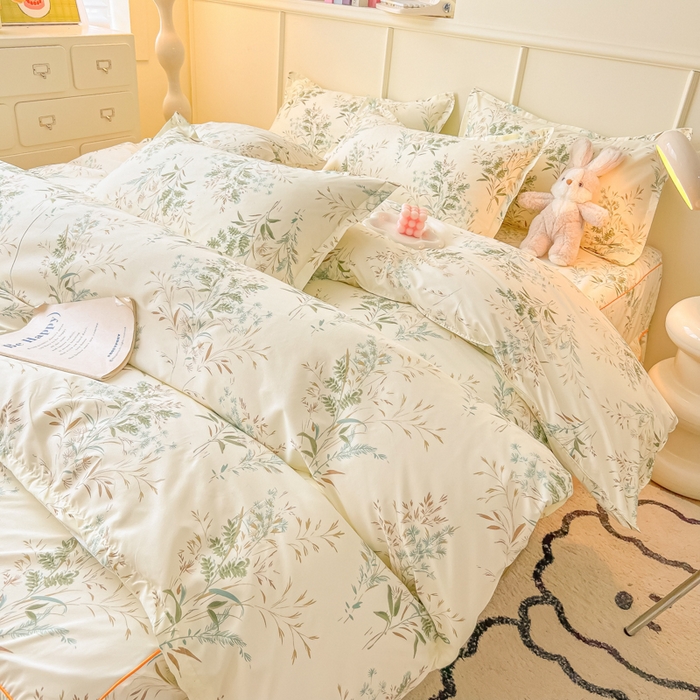 91家纺网 家纺一手货源 找家纺 笠裙家纺 2025新款A类水洗棉韩版S边花边印花床裙四件套 麦香