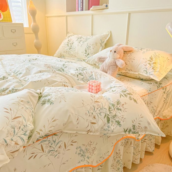 91家纺网 家纺一手货源 找家纺 笠裙家纺 2025新款A类水洗棉韩版S边花边印花床裙四件套 麦香