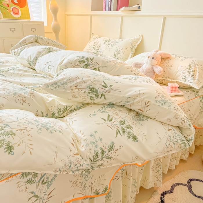 91家纺网 家纺一手货源 找家纺 笠裙家纺 2025新款A类水洗棉韩版S边花边印花床裙四件套 麦香