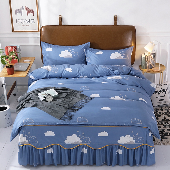 笠裙家纺 2025新款A类水洗棉韩版S边花边印花床裙四件套 漫步云端