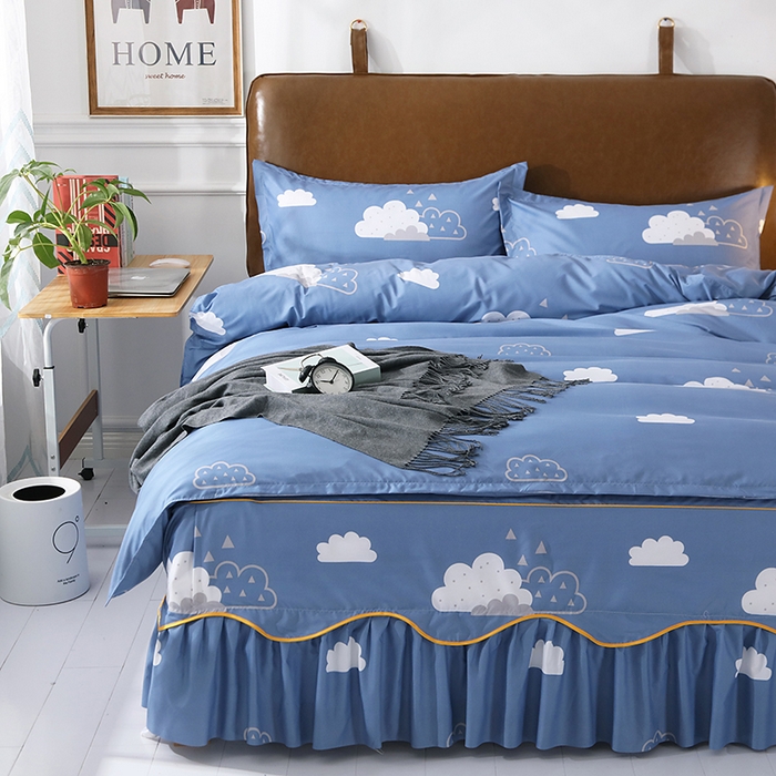 91家纺网 家纺一手货源 找家纺 笠裙家纺 2025新款A类水洗棉韩版S边花边印花床裙四件套 漫步云端