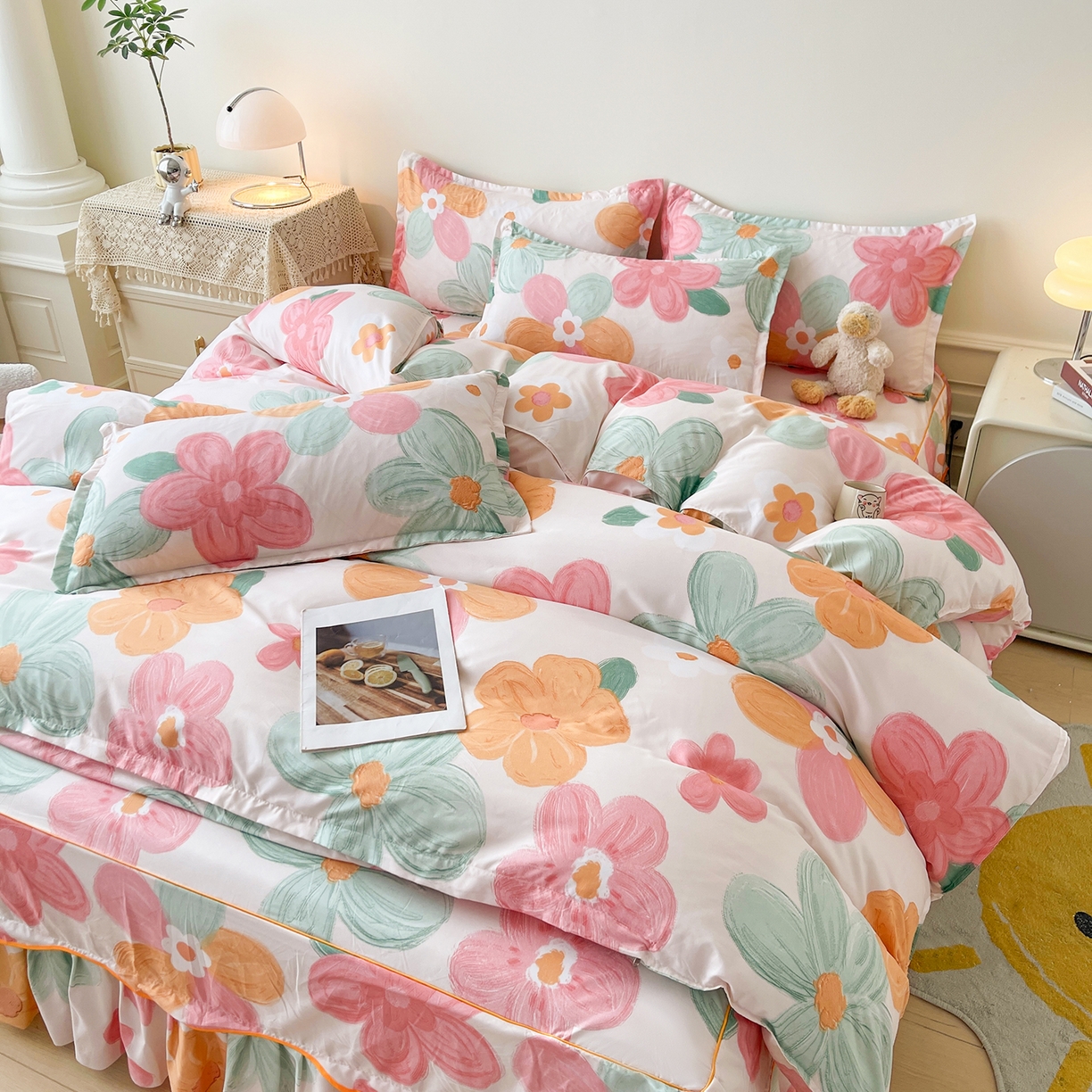 91家纺网 家纺一手货源 找家纺 笠裙家纺 2025新款A类水洗棉韩版S边花边印花床裙四件套 美好