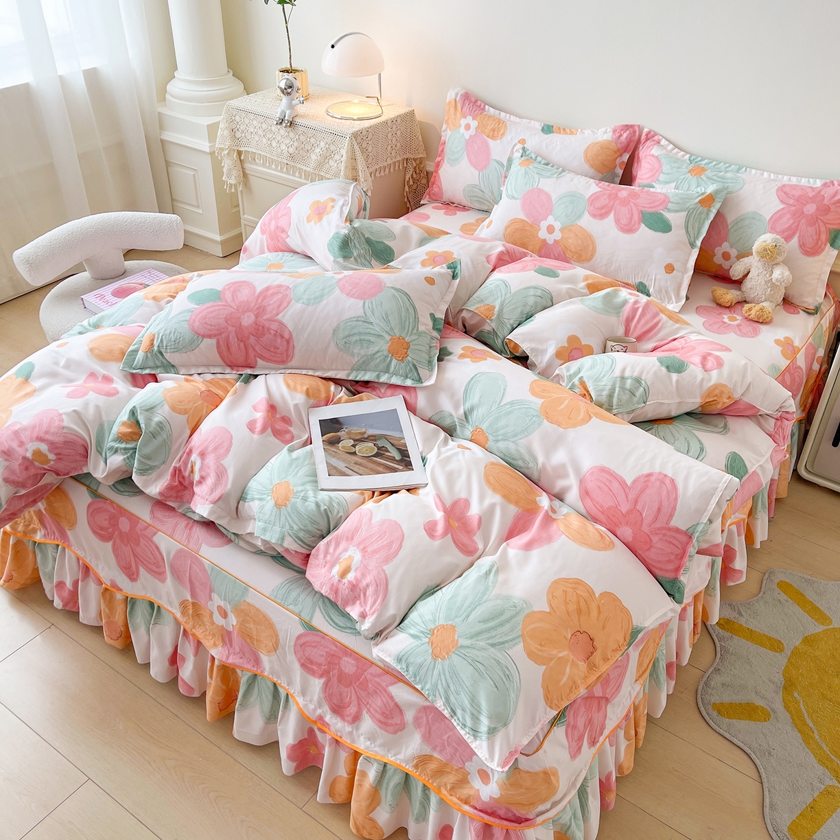 91家纺网 家纺一手货源 找家纺 笠裙家纺 2025新款A类水洗棉韩版S边花边印花床裙四件套 美好