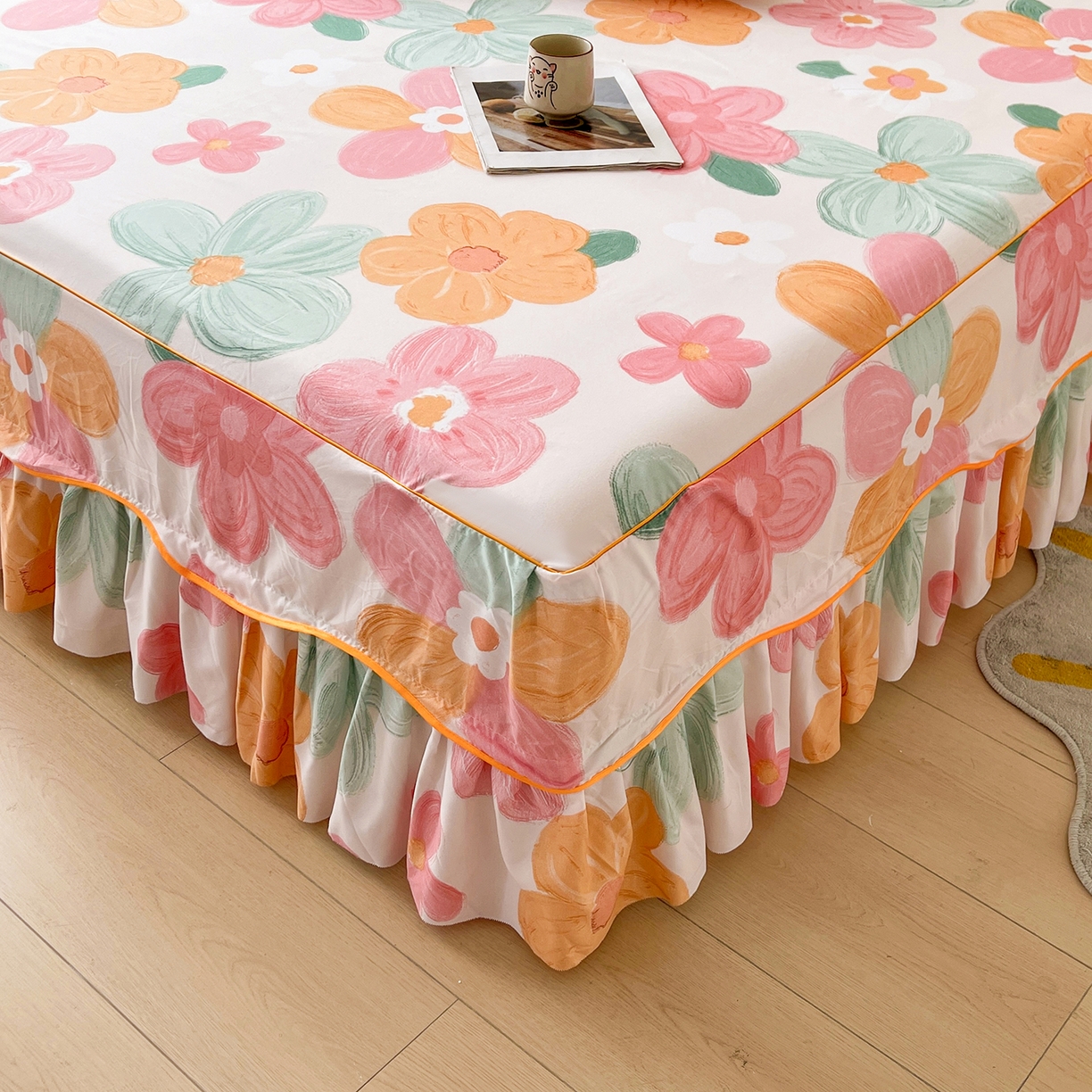 91家纺网 家纺一手货源 找家纺 笠裙家纺 2025新款A类水洗棉韩版S边花边印花床裙四件套 美好