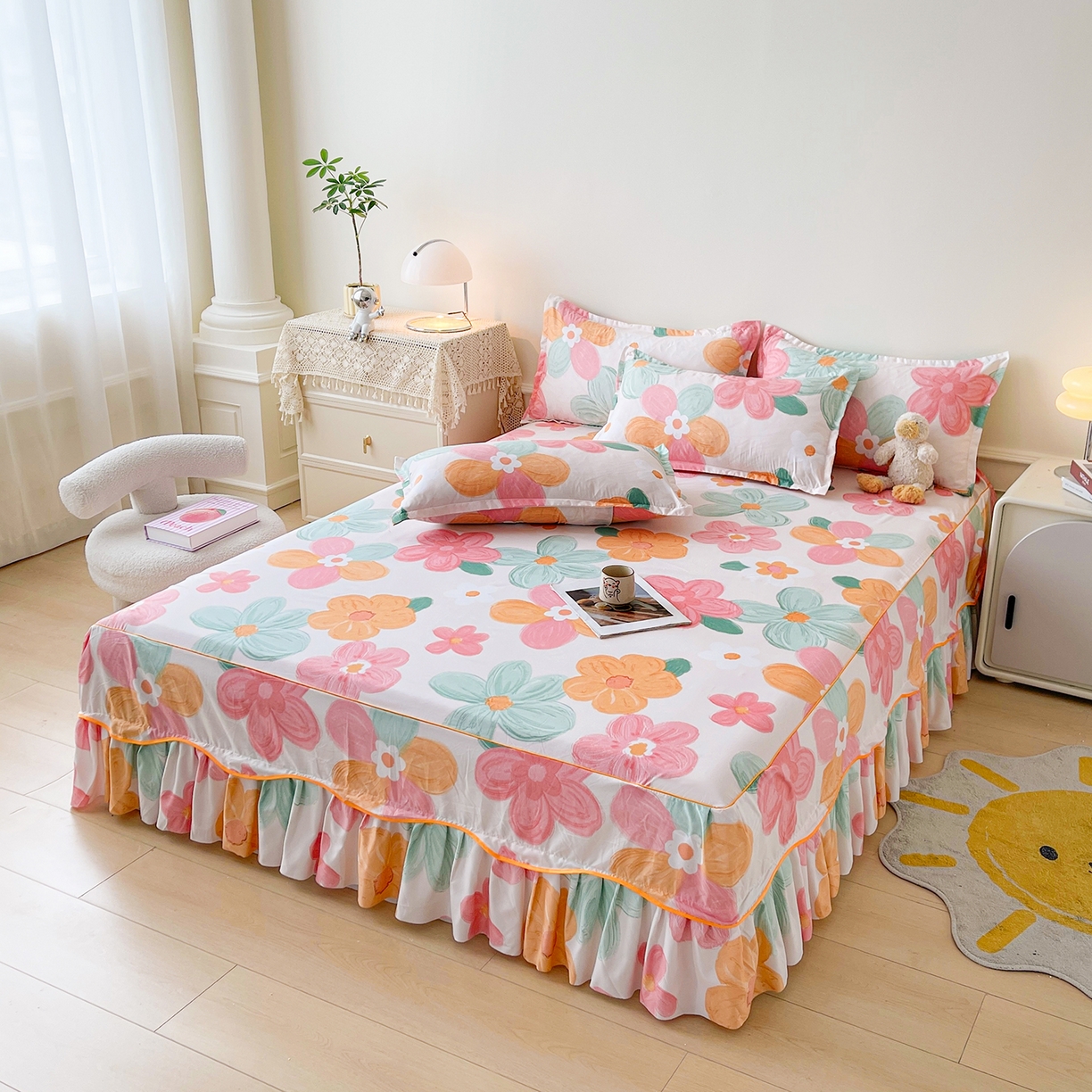 91家纺网 家纺一手货源 找家纺 笠裙家纺 2025新款A类水洗棉韩版S边花边印花床裙四件套 美好