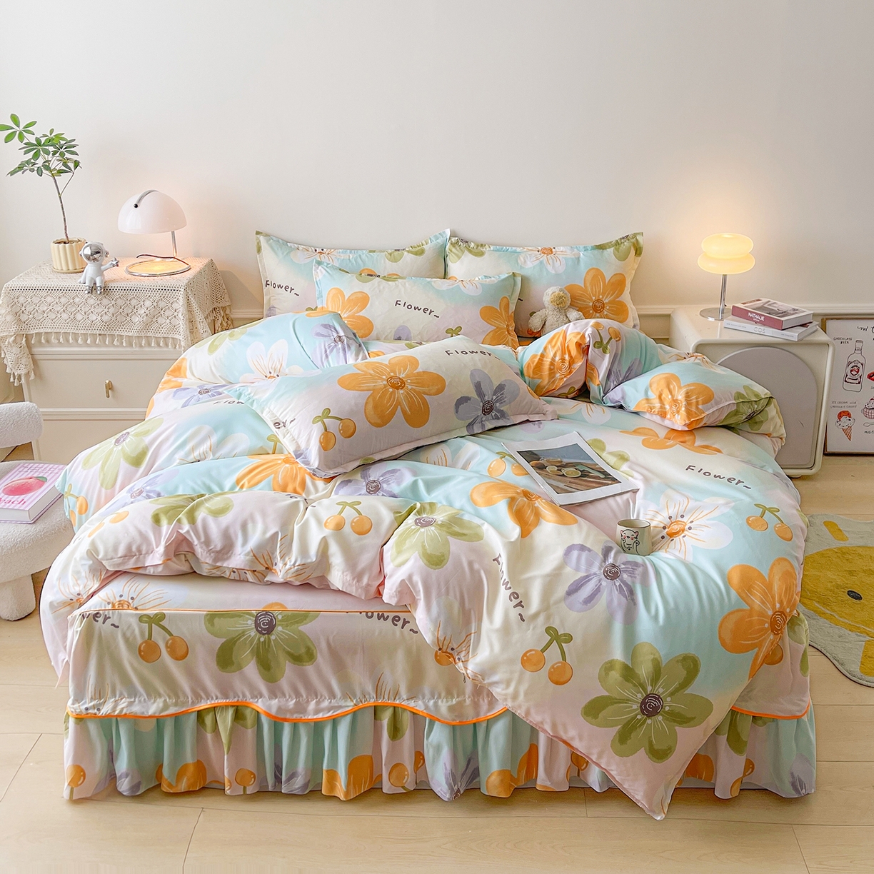 91家纺网 家纺一手货源 找家纺 笠裙家纺 2025新款A类水洗棉韩版S边花边印花床裙四件套 浅花