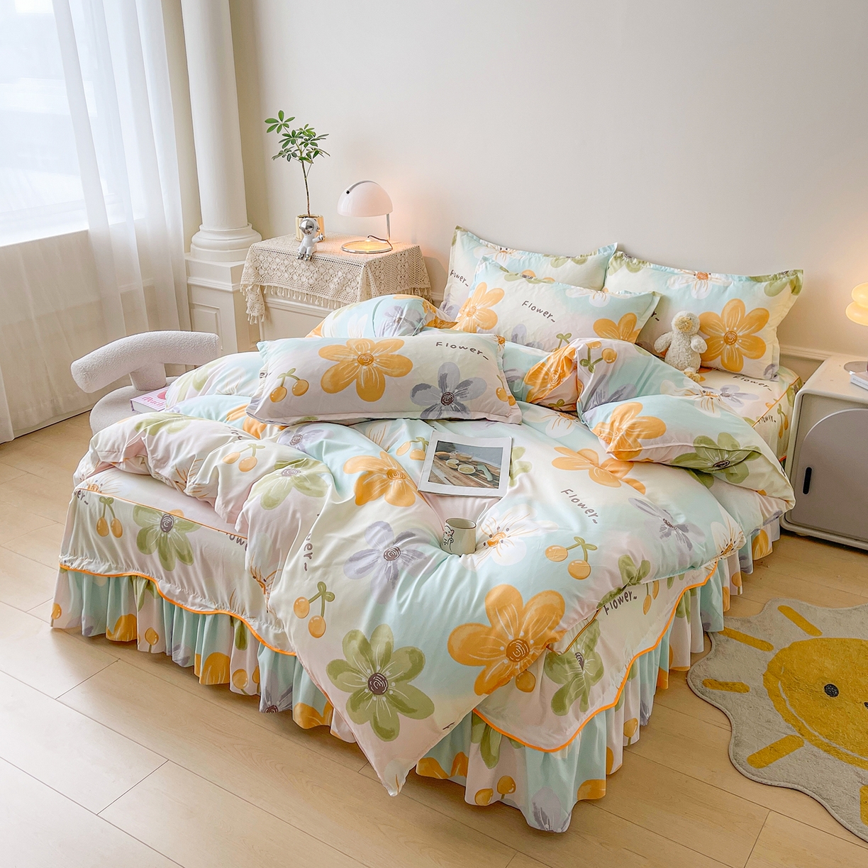 91家纺网 家纺一手货源 找家纺 笠裙家纺 2025新款A类水洗棉韩版S边花边印花床裙四件套 浅花