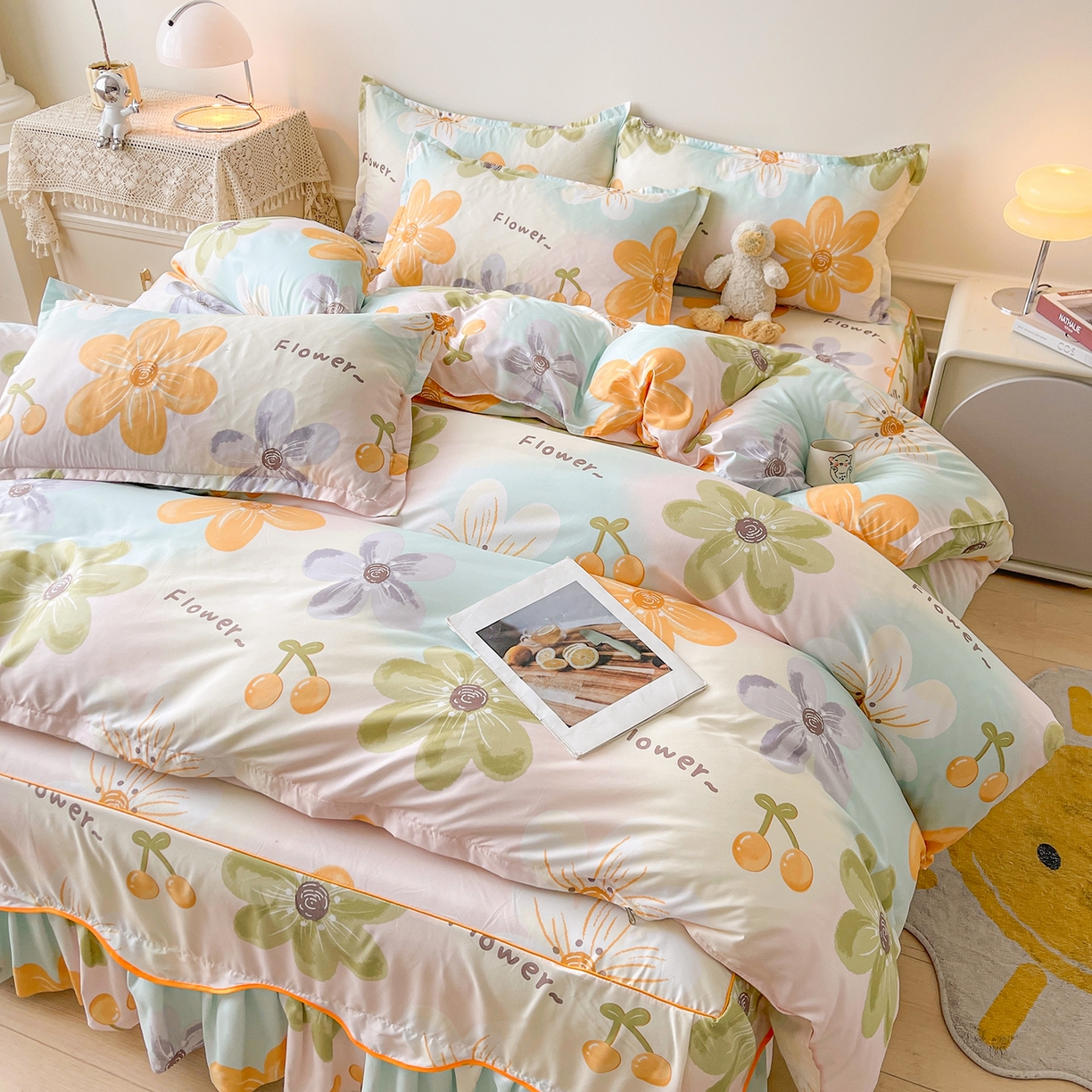 91家纺网 家纺一手货源 找家纺 笠裙家纺 2025新款A类水洗棉韩版S边花边印花床裙四件套 浅花