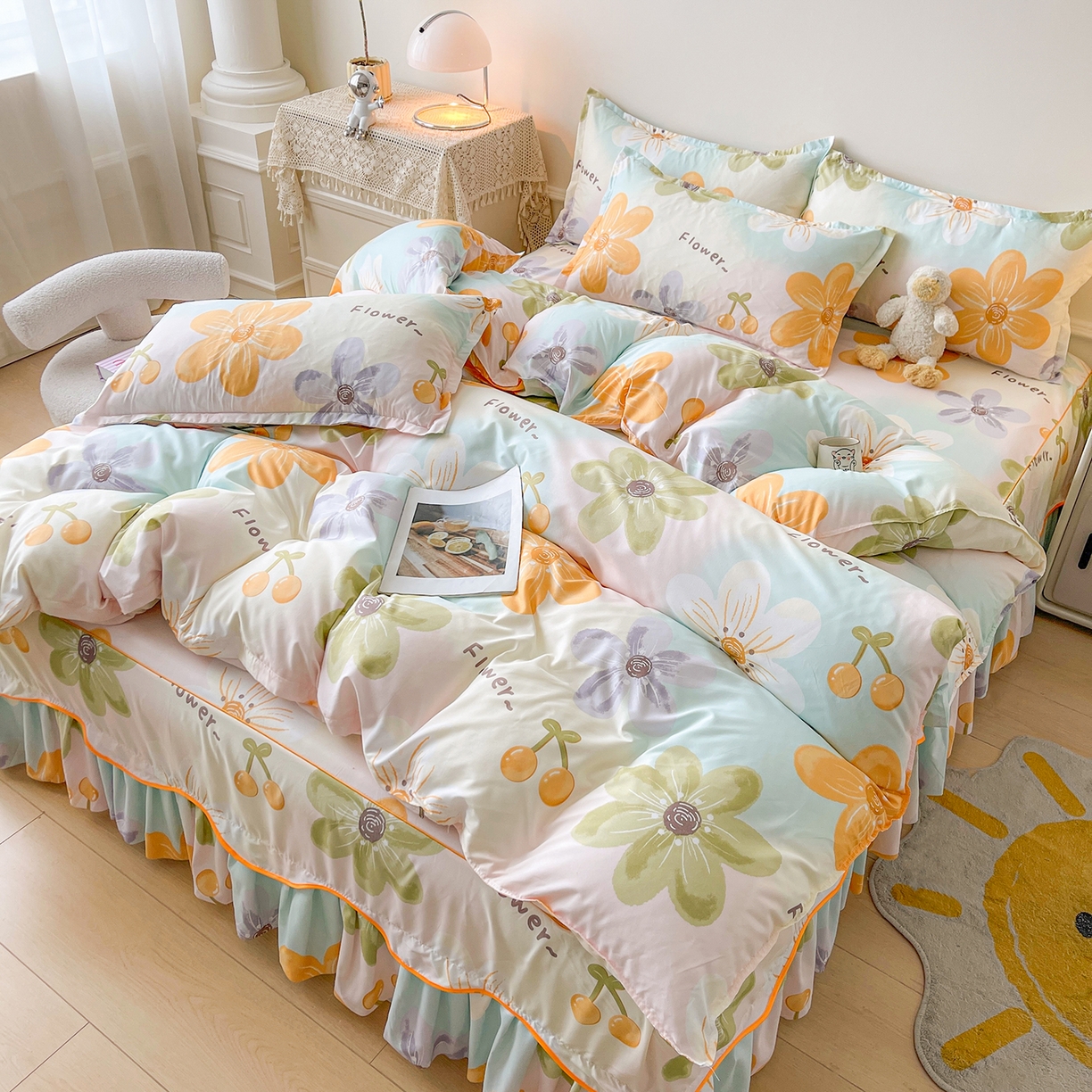 91家纺网 家纺一手货源 找家纺 笠裙家纺 2025新款A类水洗棉韩版S边花边印花床裙四件套 浅花