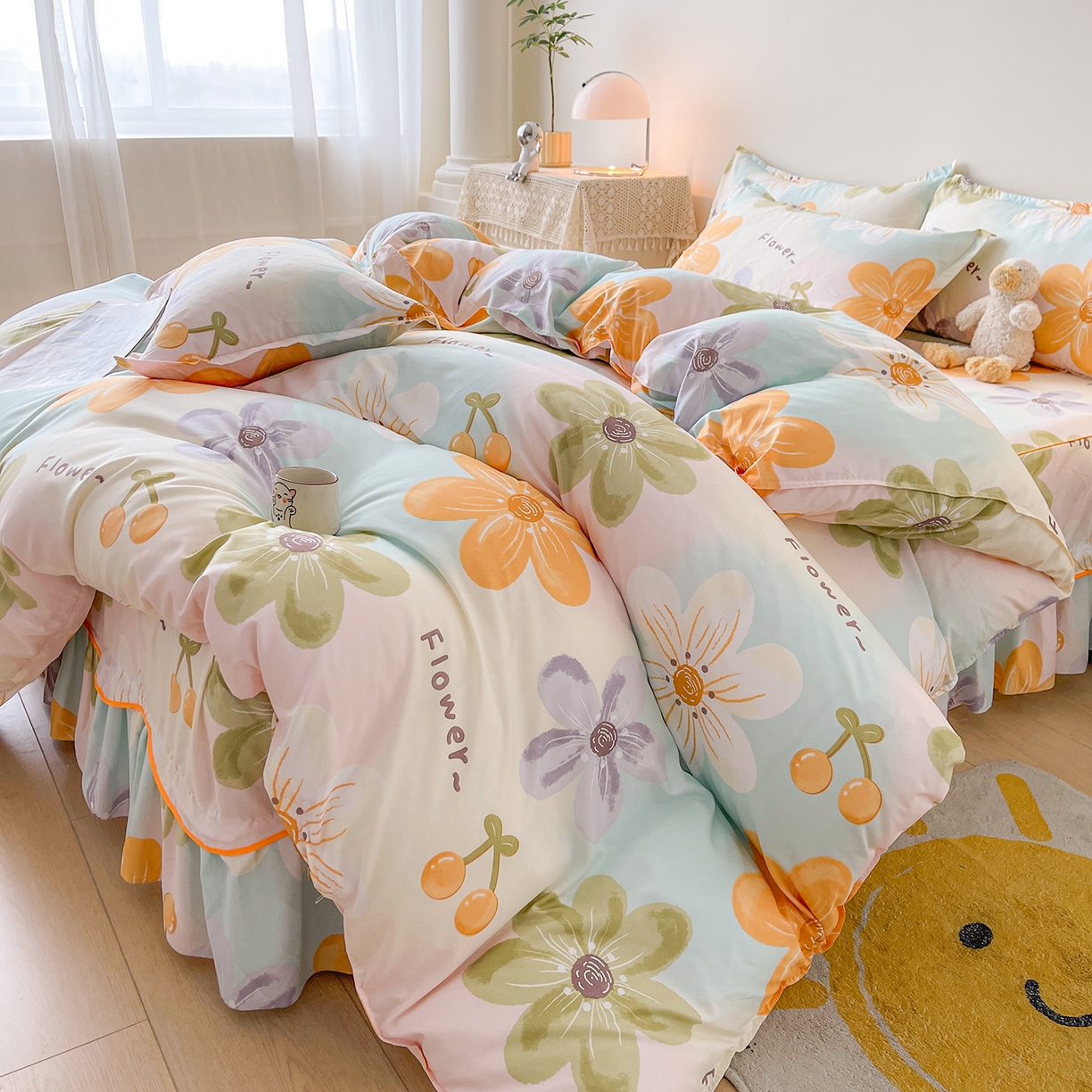 91家纺网 家纺一手货源 找家纺 笠裙家纺 2025新款A类水洗棉韩版S边花边印花床裙四件套 浅花