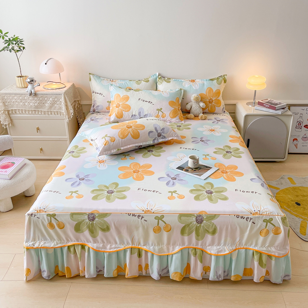 91家纺网 家纺一手货源 找家纺 笠裙家纺 2025新款A类水洗棉韩版S边花边印花床裙四件套 浅花